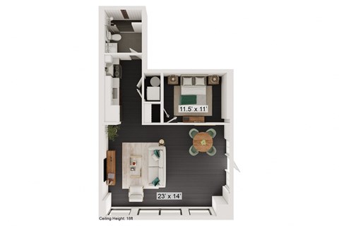 Floor plan for 1 bed, 1 bath, 722 sqft